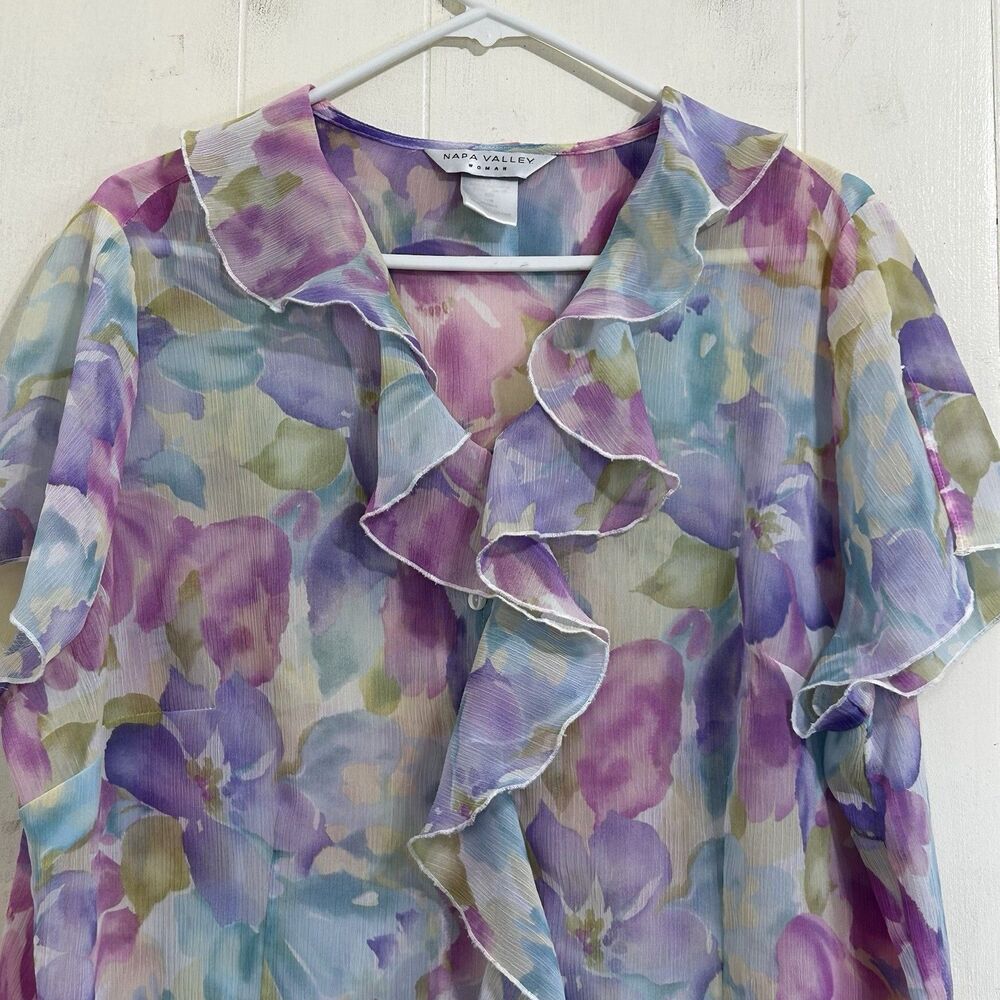 Vintage Napa Valley Sheer Ruffle Front Floral Blouse Top Size 18W Pastel Colors - Picture 3 of 12